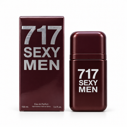 717 Sexy Men 100 ml eau de parfum in a rounded burgundy bottle beside its matching box