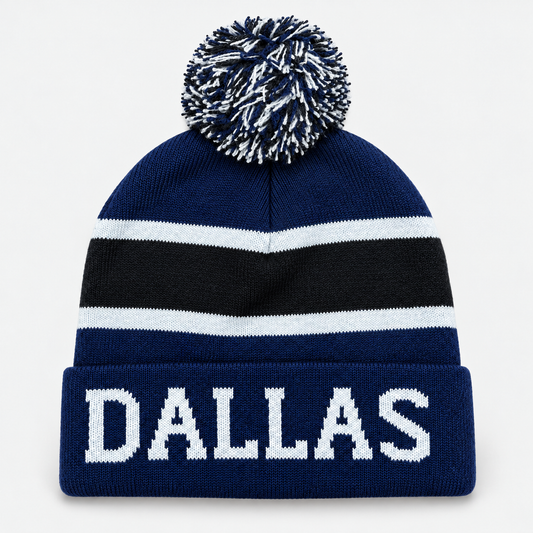 Navy, black and white striped pom-pom beanie with DALLAS lettering on the cuff