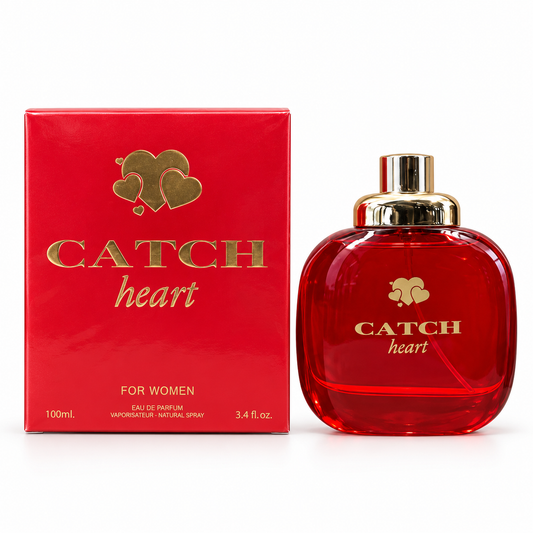 Catch Heart 100 ml eau de parfum in a rounded red bottle with gold-tone heart details beside its red box