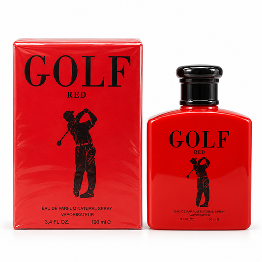 Golf Red 100 ml eau de parfum in a red bottle with a black cap beside its red golfer-print box