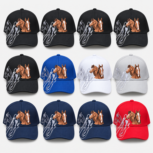 Twelve horse embroidered baseball caps in black, royal blue, white, light gray, navy and red on a light gray background