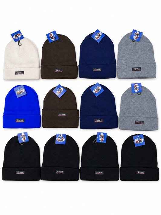 Twelve cuffed Sport beanies in black, cream, brown, navy, gray and royal blue