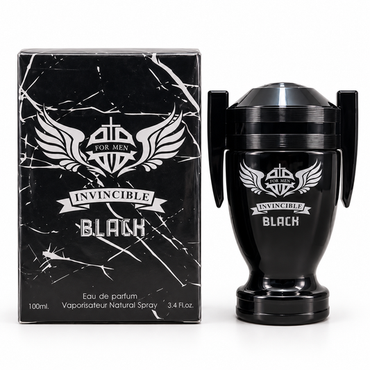 Invincible Black 100 ml men's eau de parfum in a black trophy-style bottle beside its patterned black box