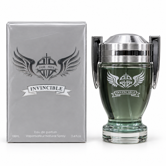 Invincible 100 ml men's eau de parfum in a trophy-style bottle with a silver cap beside its silver box