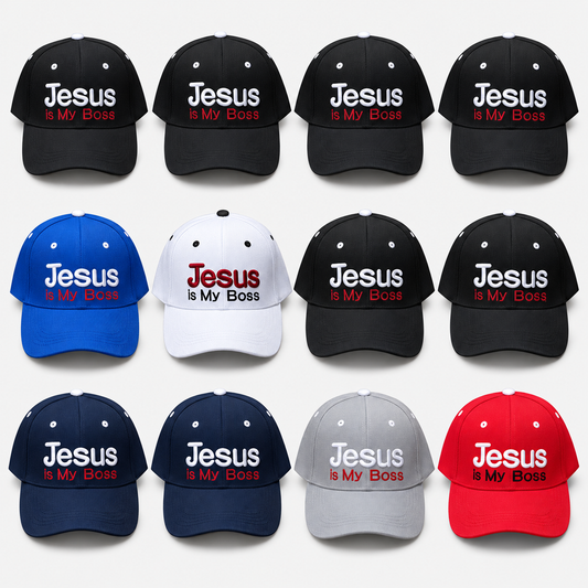 Jesus Is My Boss caps: complete 12-cap assortment, 6 black, 2 navy, 1 royal blue, 1 white, 1 gray and 1 red