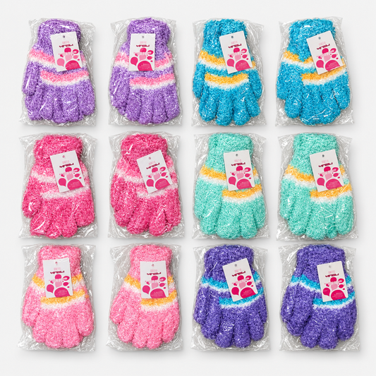 Assorted dozen of kids' fuzzy striped gloves, two packaged pairs in each of six colors