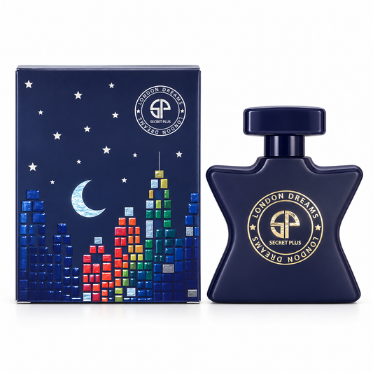 Secret Plus London Dreams navy bottle and matching moon and skyline box on white