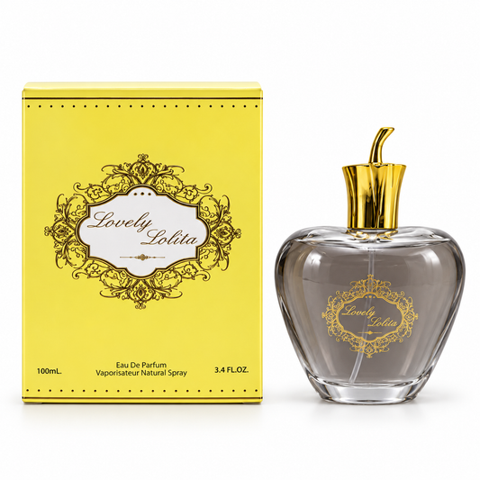 Lovely Lolita 100 ml eau de parfum in an apple-shaped bottle with a gold-tone stem cap beside its yellow box