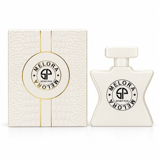 Secret Plus Melora ivory bottle and matching textured box on white