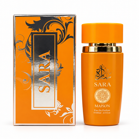 Sara Maison 100 ml eau de parfum in an orange bottle with gold accents beside its orange-and-silver box