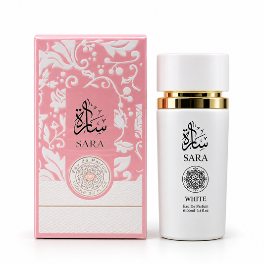 Sara White 100 ml eau de parfum in a white bottle with gold accents beside its pale pink floral box