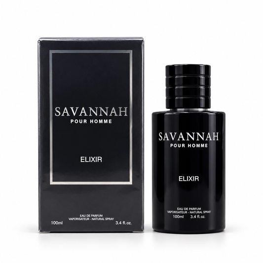 Savannah Pour Homme Elixir 100 ml eau de parfum in a black bottle beside its matching dark box
