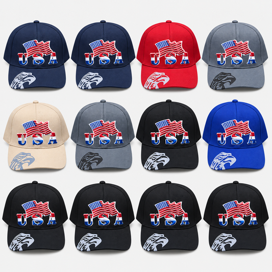 Twelve USA flag embroidered eagle-brim caps in navy, red, gray, beige, black and royal blue on a light gray background