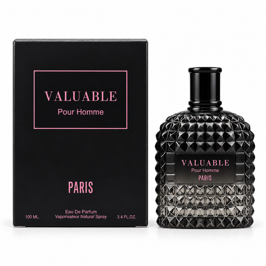 Valuable Pour Homme Paris 100 ml bottle and coordinating box on a white background