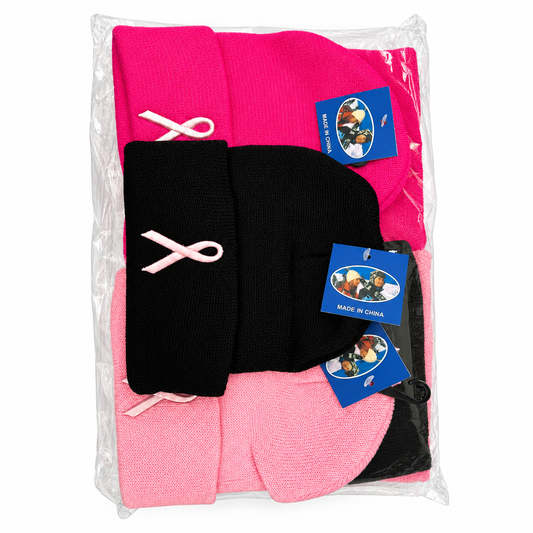 Pink and black breast cancer awareness beanies with ribbon embroidery in clear packaging