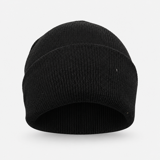 Plain black knit beanie with a wide folded cuff