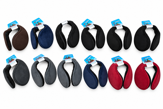 Twelve extra-wide wraparound earmuffs in black, navy, brown, gray and burgundy