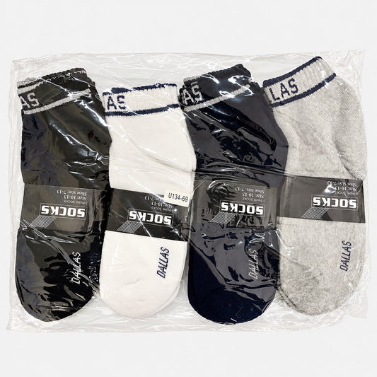 Packaged men’s Dallas ankle socks in dark, white and gray shades
