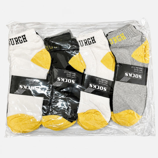 Packaged men’s Pittsburgh ankle socks with yellow accents
