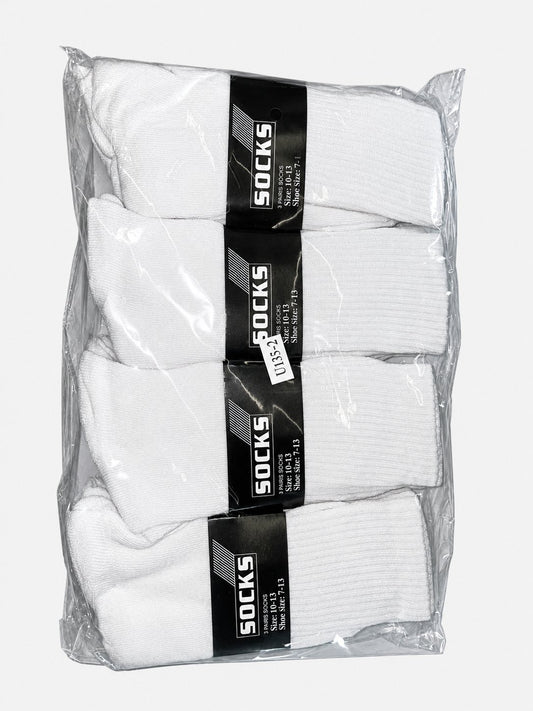 Packaged white crew socks