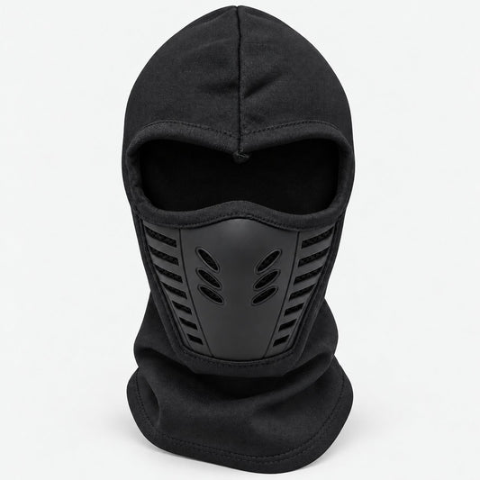 Black full face mask with an open eye area and a vented lower-face panel, front view