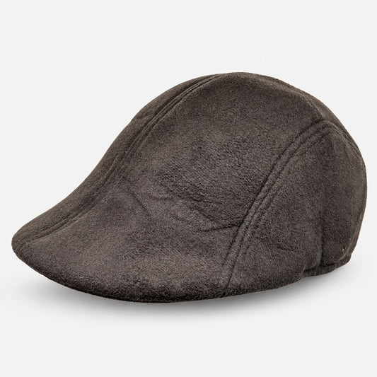 Dark brown newsboy-style flat cap with stitched panels and a short brim