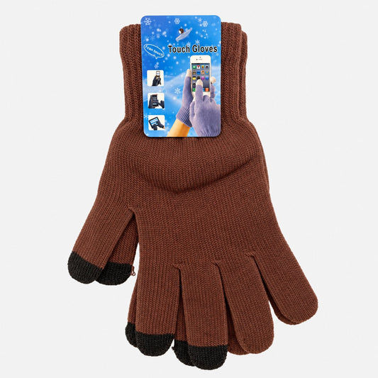 Brown knit touchscreen gloves with contrasting fingertips