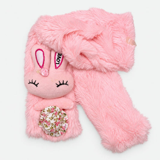 Pink plush children's scarf with an embroidered rabbit face and sequined decoration