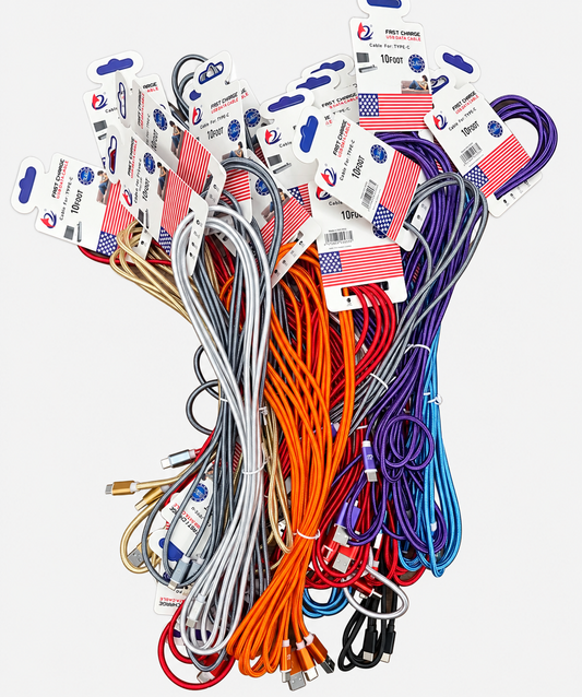 Assorted colorful 10-foot braided charging cords bundled with retail hang tags