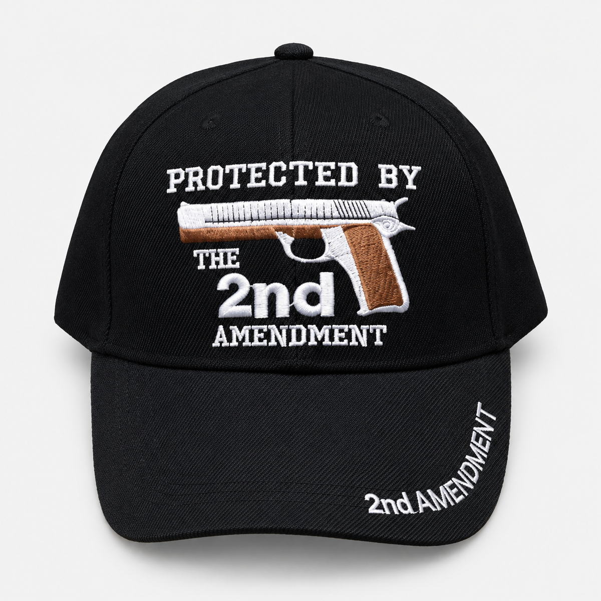 Black cap with Protected by the 2nd Amendment embroidery and a pistol emblem