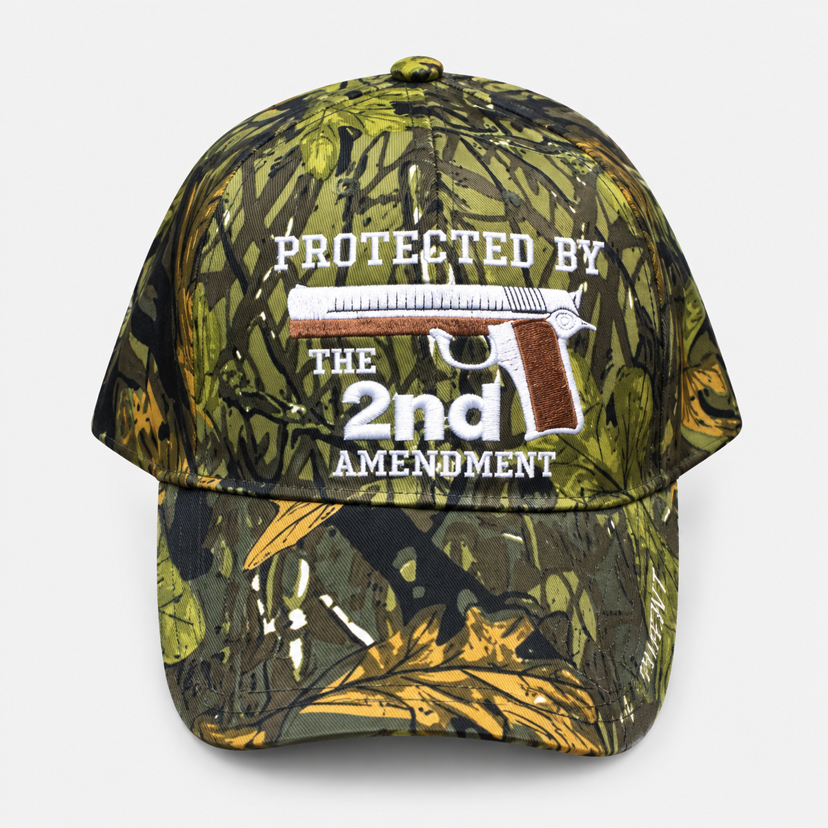 Leaf camouflage cap with Protected by the 2nd Amendment embroidery and a pistol emblem
