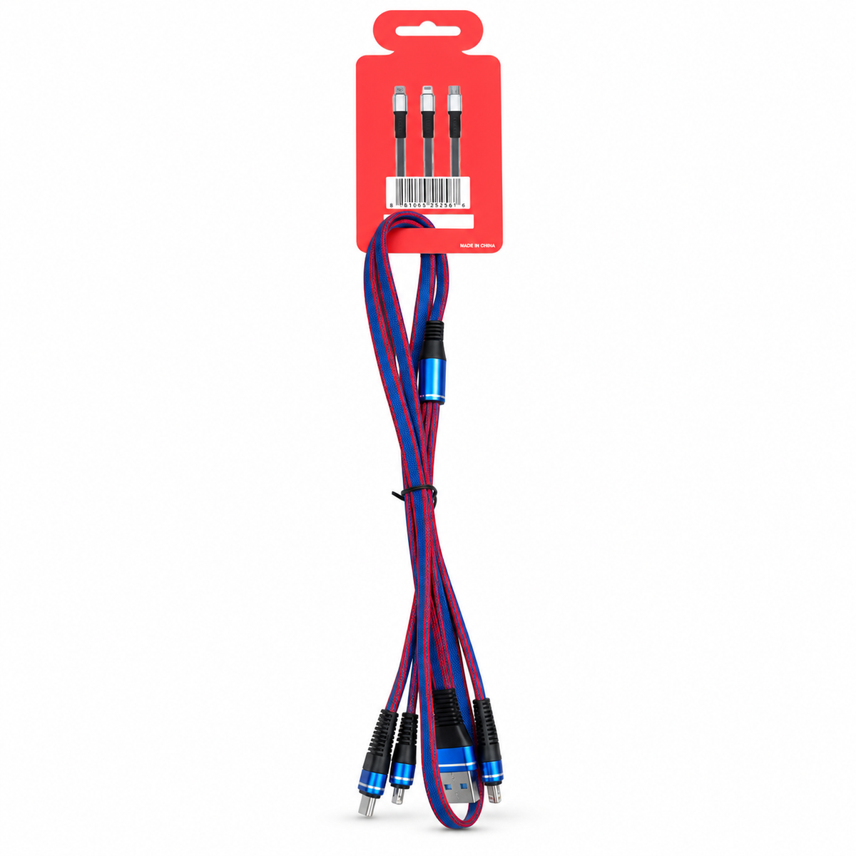 Red and blue braided 3-in-1 charging cord with retail hang card on a white background