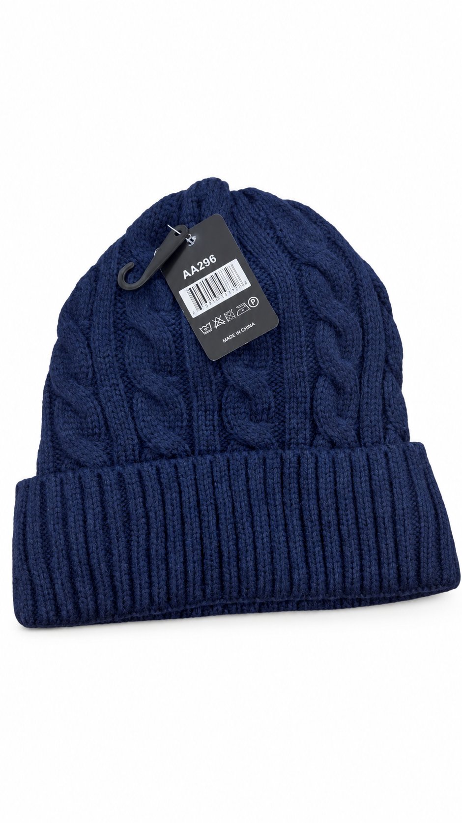 Navy cable-knit beanie with a folded ribbed cuff