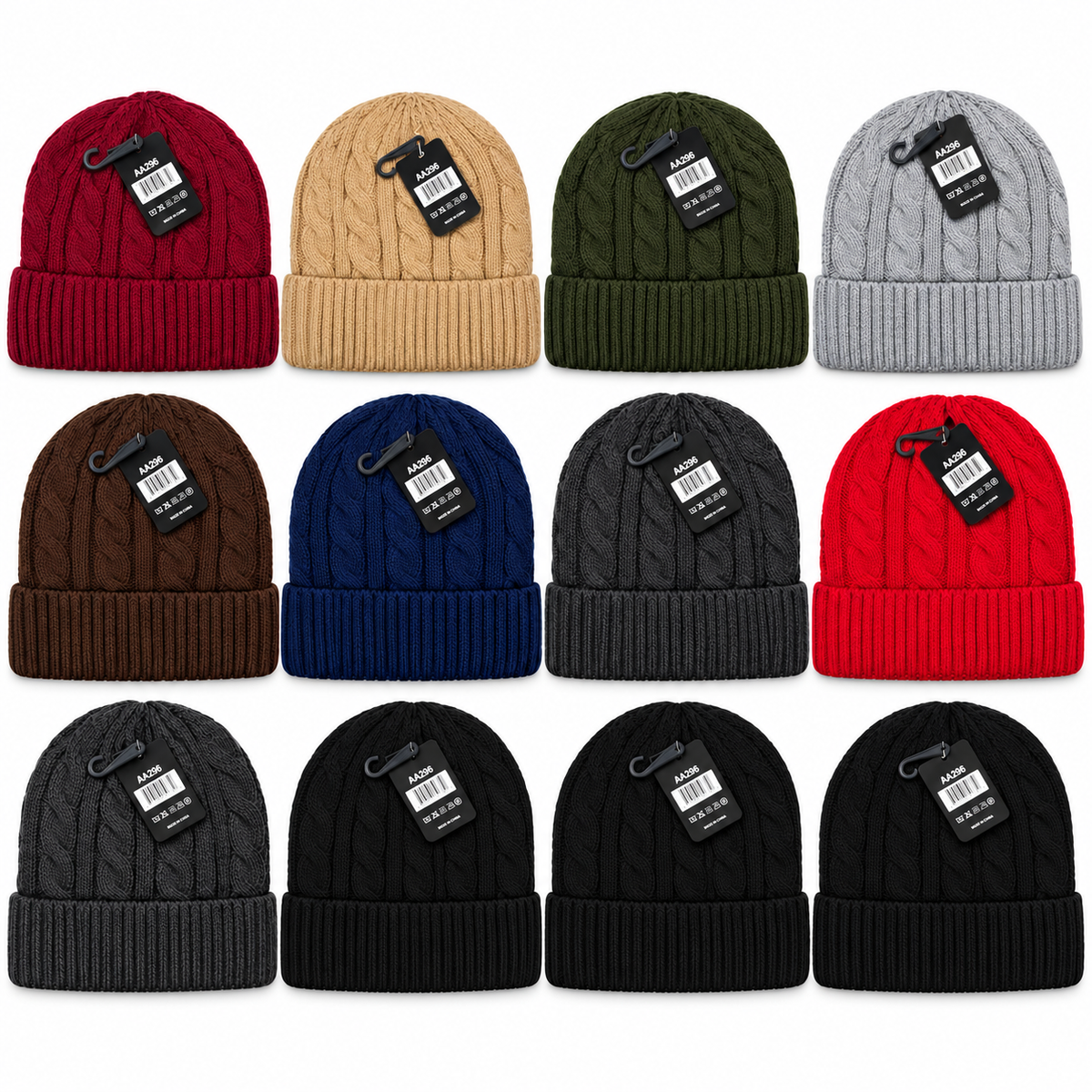 Twelve cable-knit beanies with folded ribbed cuffs in assorted colors