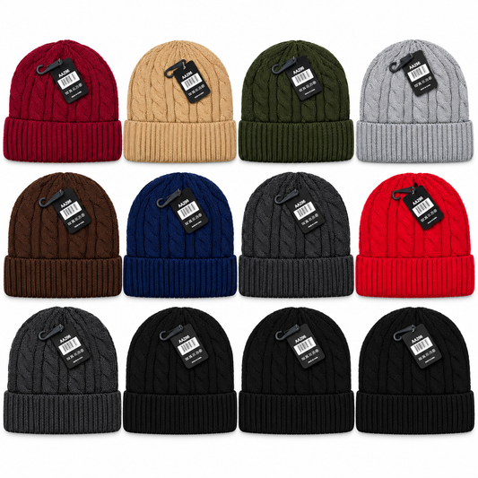 Twelve cable-knit beanies with folded ribbed cuffs in assorted colors