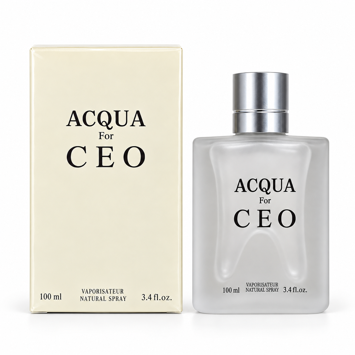 Acqua For CEO 100 ml frosted bottle with silver cap and cream presentation box on white