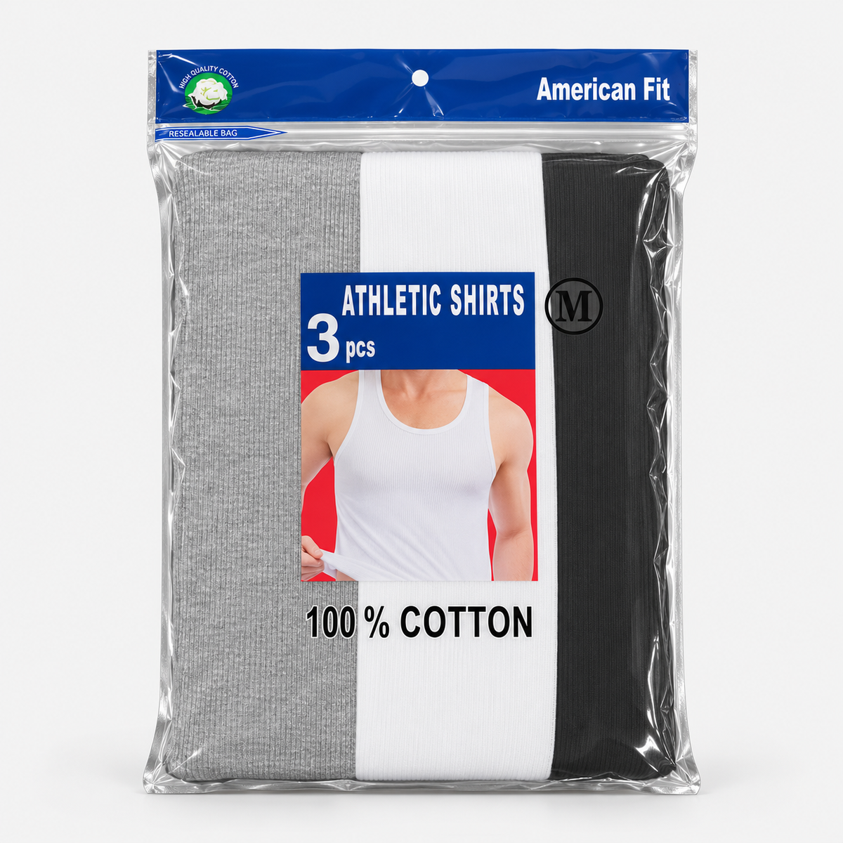 American Fit 100% cotton athletic shirts, sealed three-piece package in gray, white and black; medium package shown