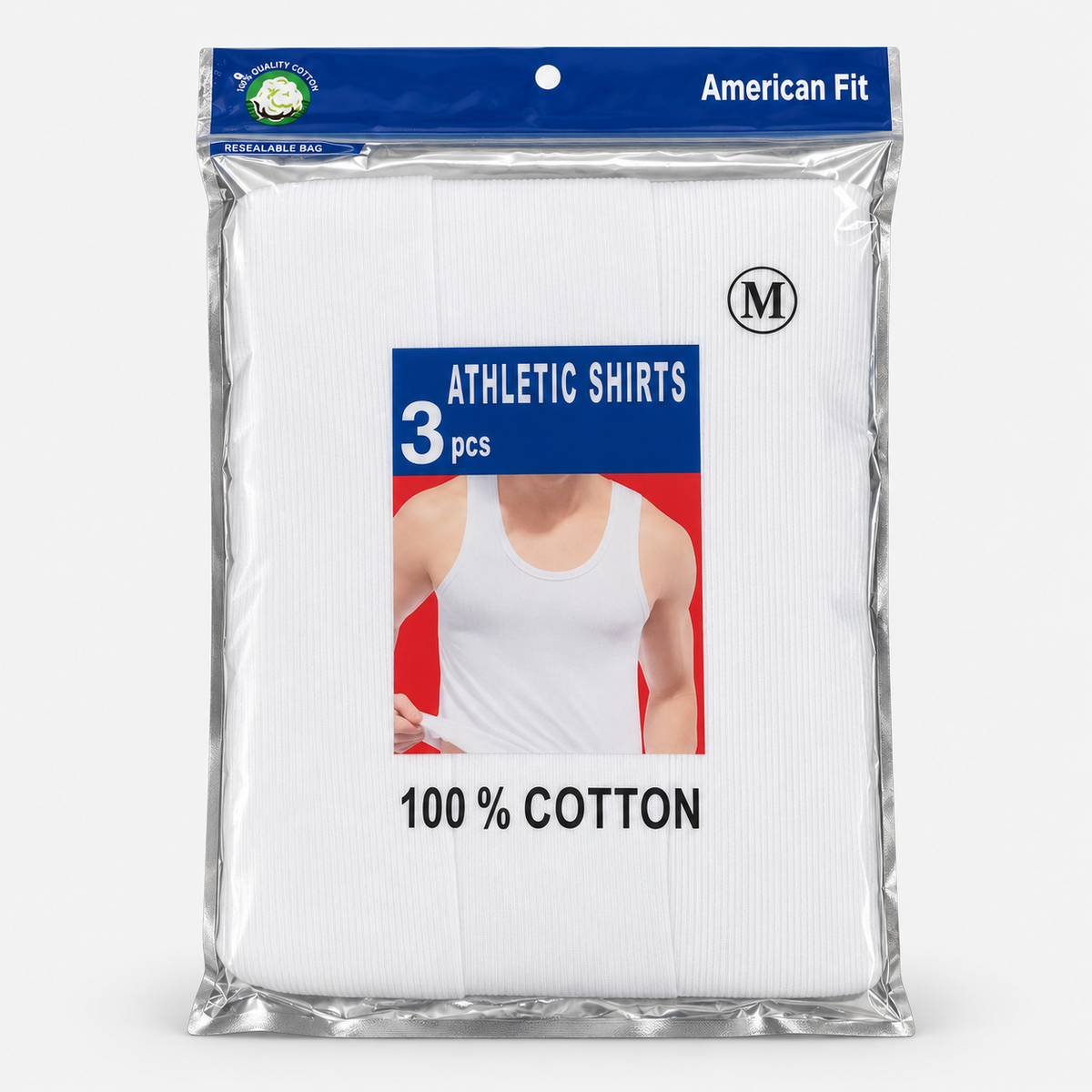 American Fit 100% cotton athletic shirts, sealed three-piece white package; medium package shown