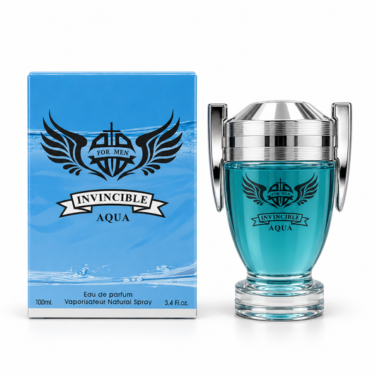 Invincible Aqua 100 ml bottle and coordinating box on a white background