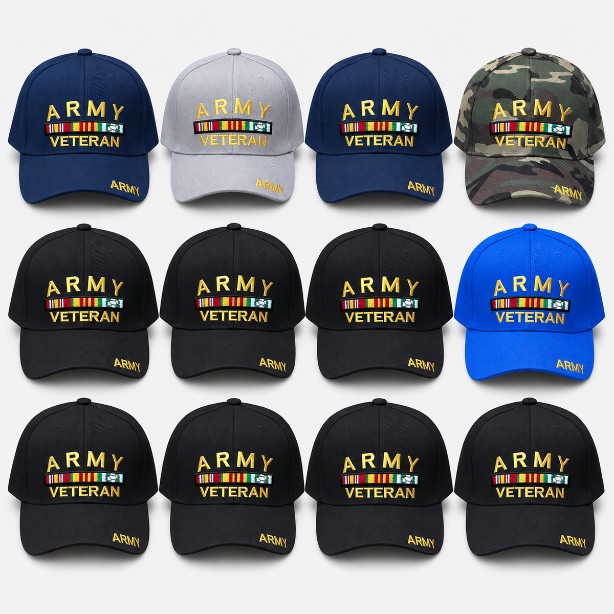 Army Veteran caps — complete dozen: 7 black, 2 navy, 1 gray, 1 camouflage and 1 royal blue