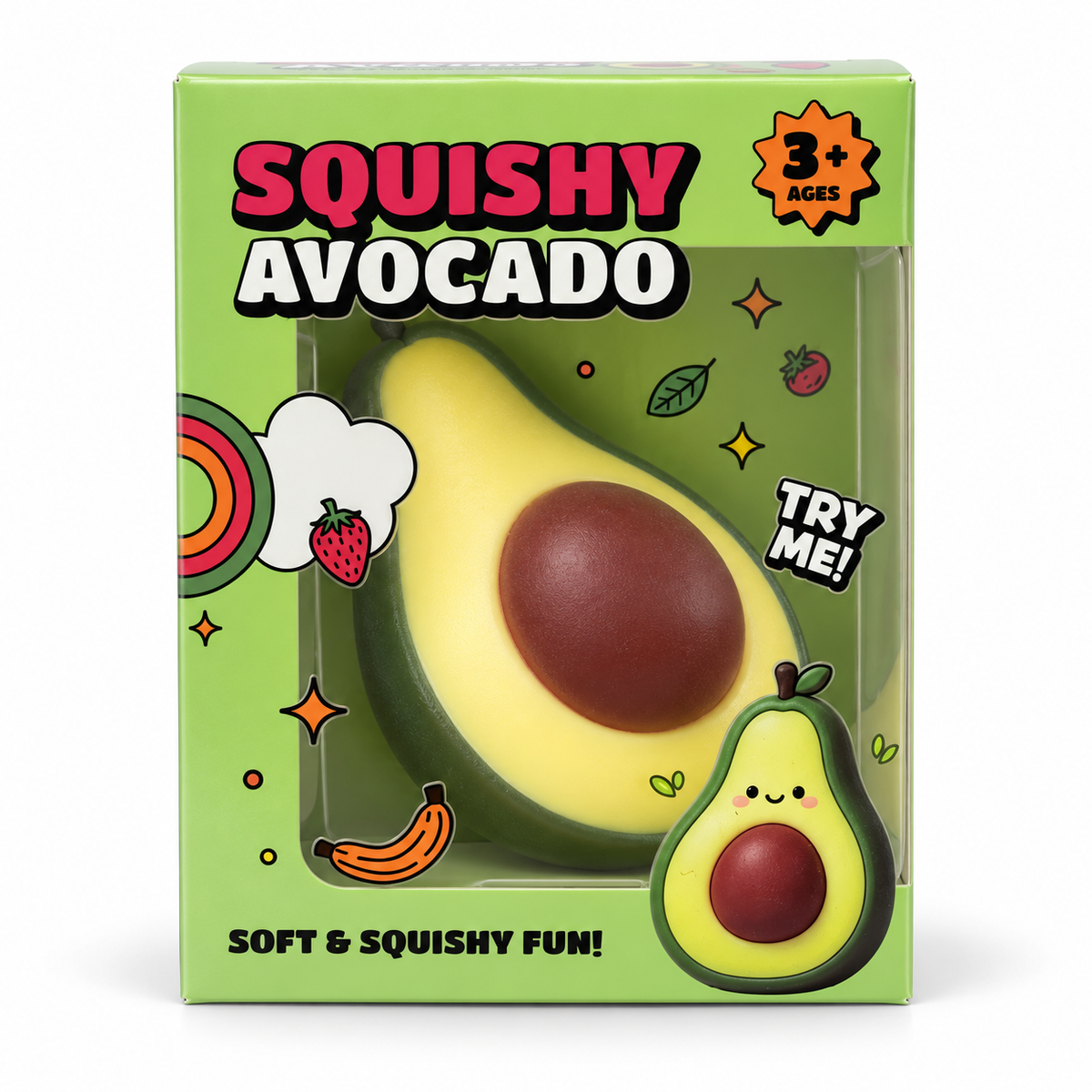 Large avocado-half squishy toy with a green edge, pale yellow center and brown pit in a green window box