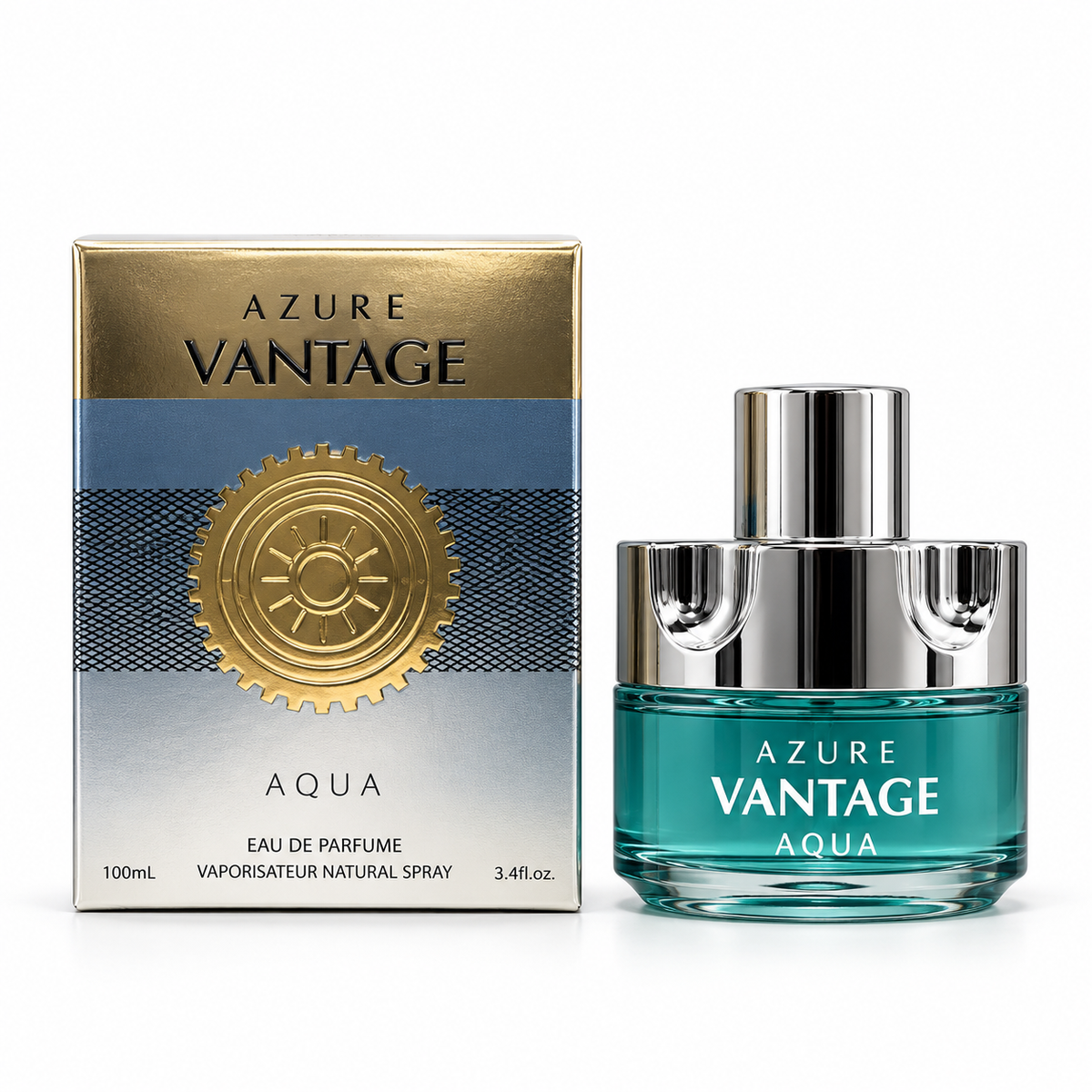 Azure Vantage Aqua 100 ml Eau de Parfum bottle and box on a white background