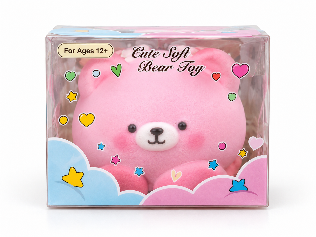 Pink Bear Squishy Toy in its individual retail box