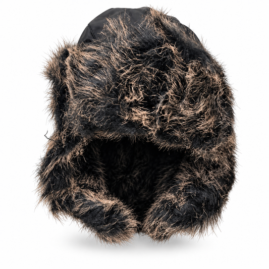 Black trapper hat with furry trim around the crown and ear flaps, front view