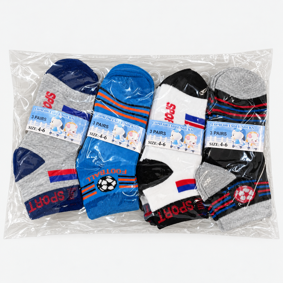 Boys socks size 4-6, assorted colors and patterns, 12-pair pack