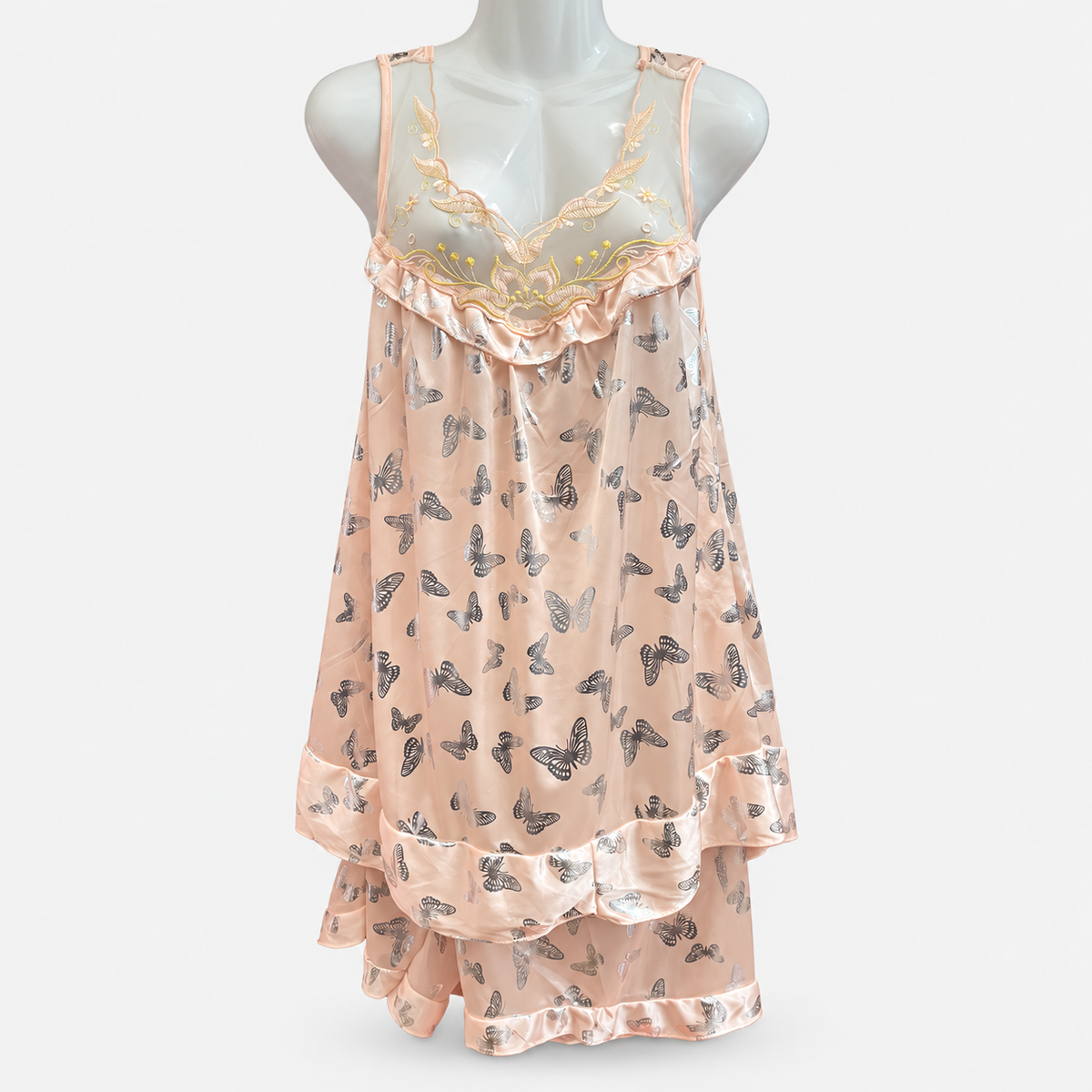 Butterfly Print Camisole & Shorts Set — champagne set displayed on mannequin