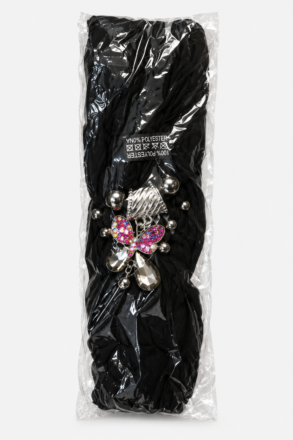 Black butterfly pendant scarf in individual packaging