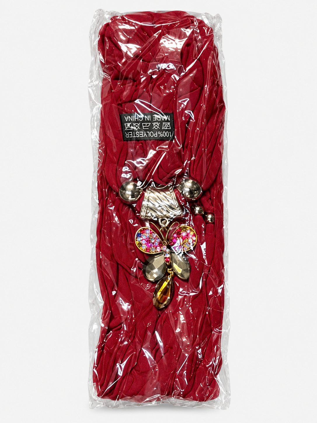 Burgundy butterfly pendant scarf in individual packaging