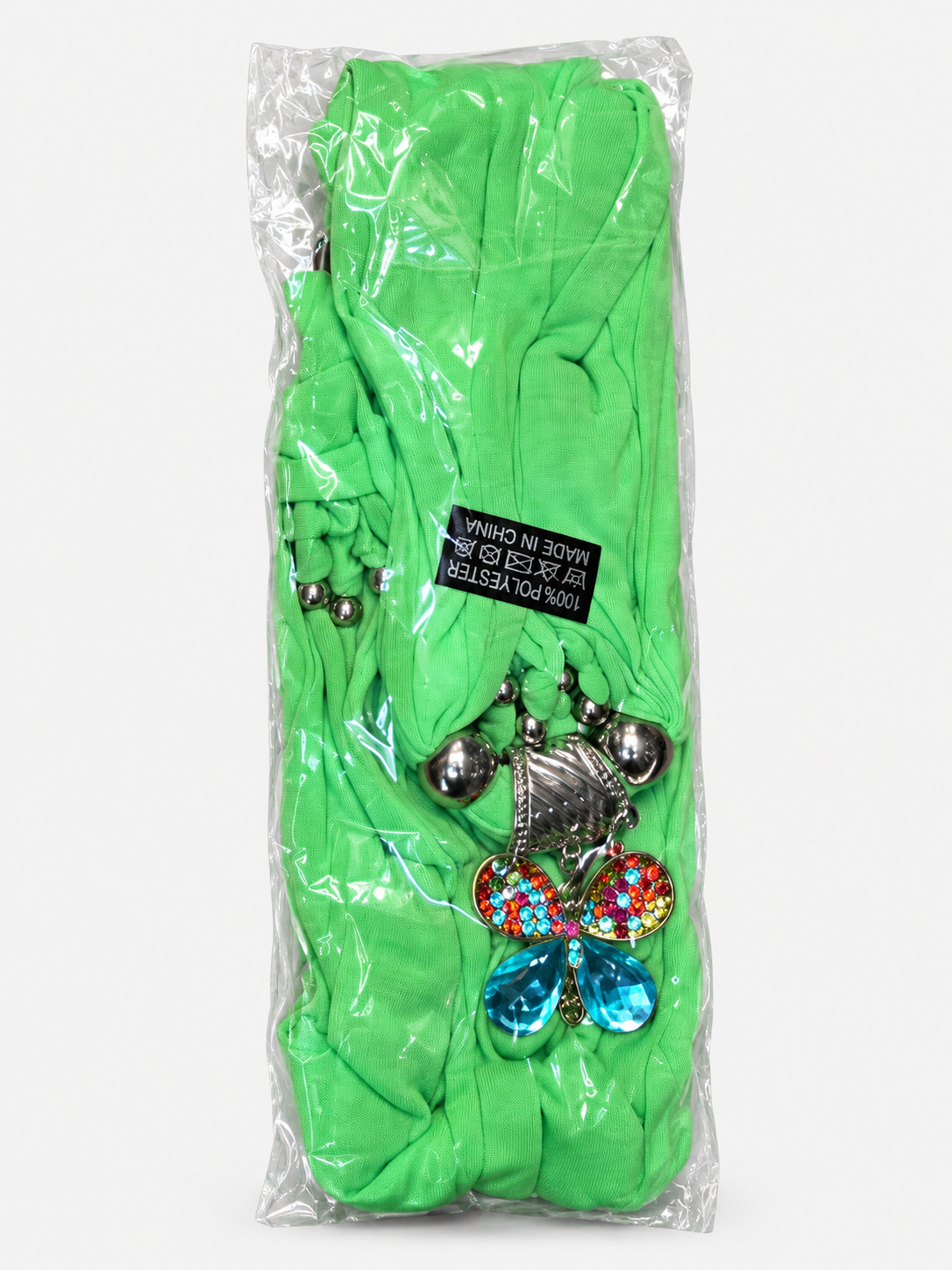 Green butterfly pendant scarf in individual packaging