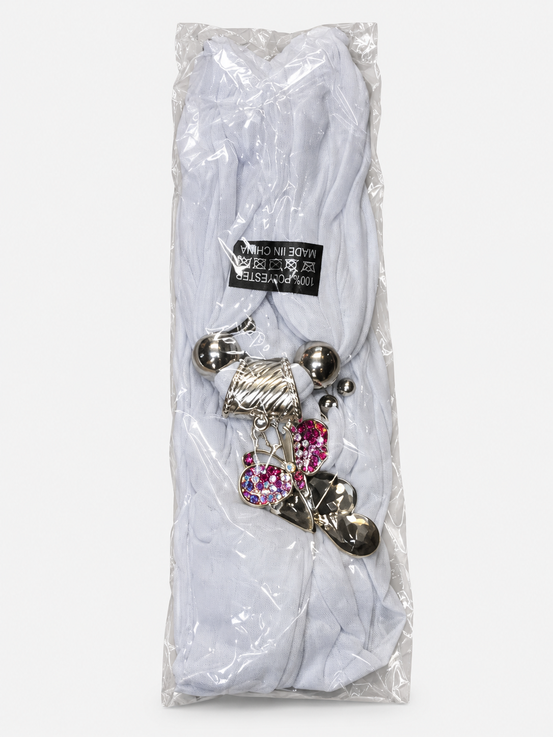 Light Gray butterfly pendant scarf in individual packaging